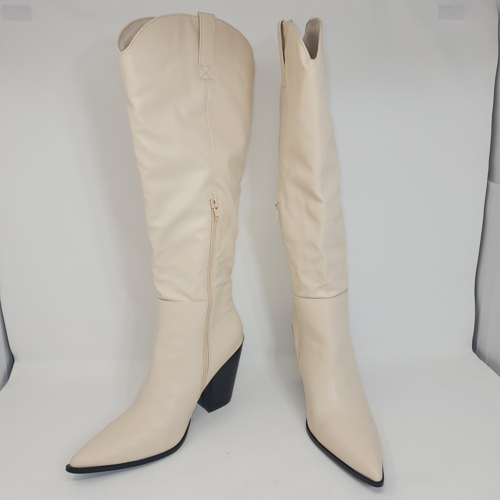Nasty Gal Western Knee High Boots 8 Cream Faux Leather Pointed Toe WXSL12719